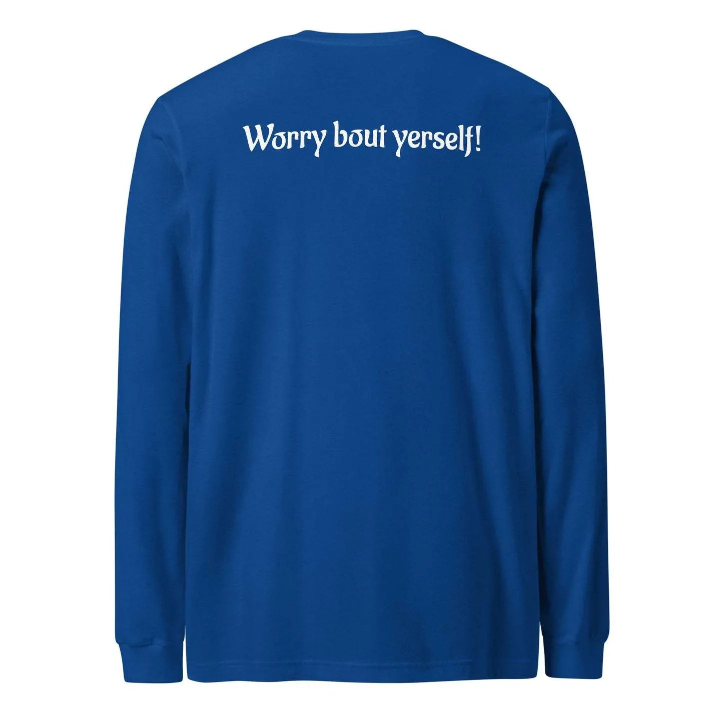 Blue men's loose round neck sweater with white printed letter patterns on chest