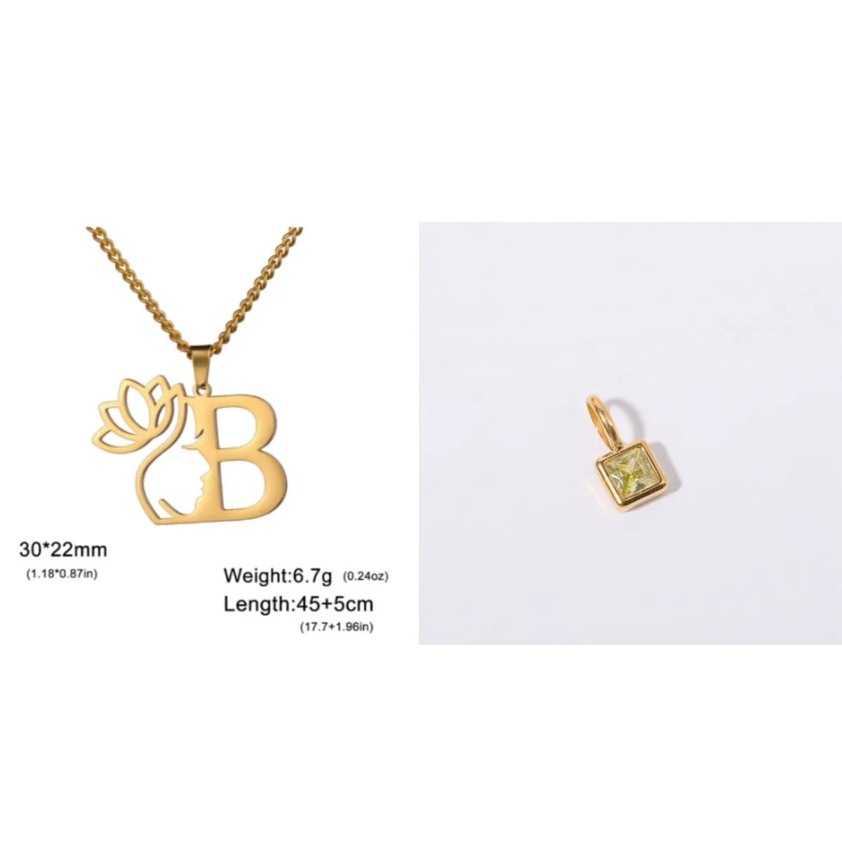 Stainless steel necklace with cross chain and a single letter pendant in gold or silver finish.