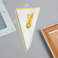 Triangle-shaped clear plastic packaging bag with a metallic tie wire closure.