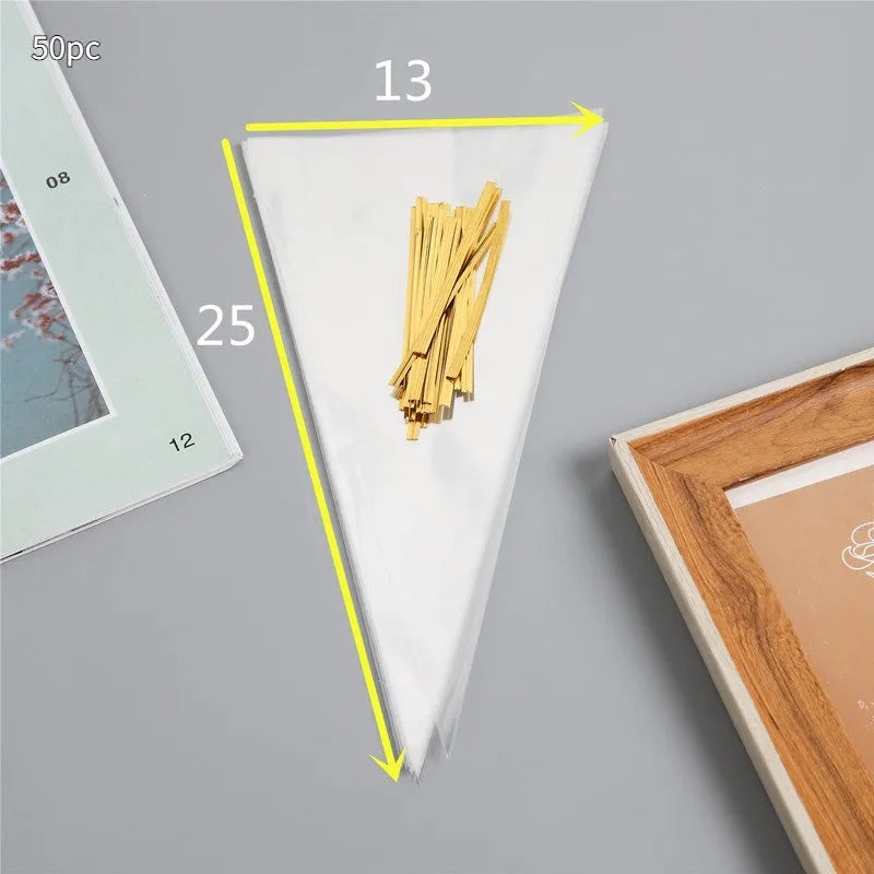 Triangle-shaped clear plastic packaging bag with a metallic tie wire closure.