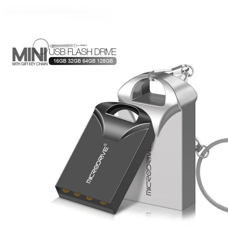 Mini black and silver metal USB flash drive showing compact 23x12x8mm size