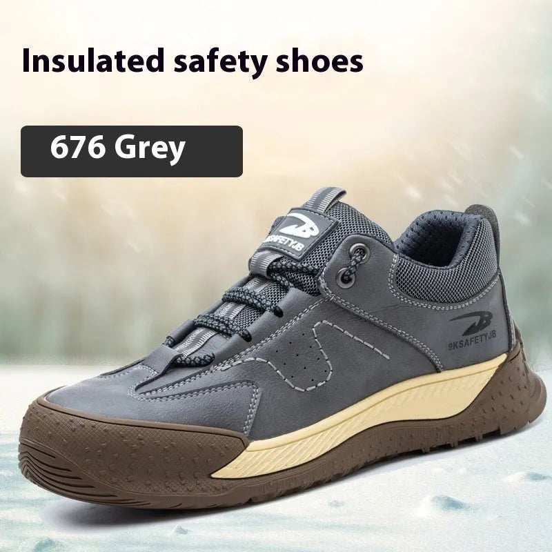 Flyknit leather work shoes with rubber sole in black, shown in a size 42.