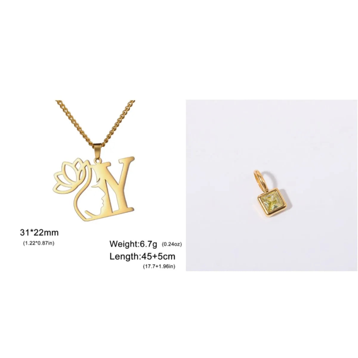 Stainless steel necklace with cross chain and a single letter pendant in gold or silver finish.