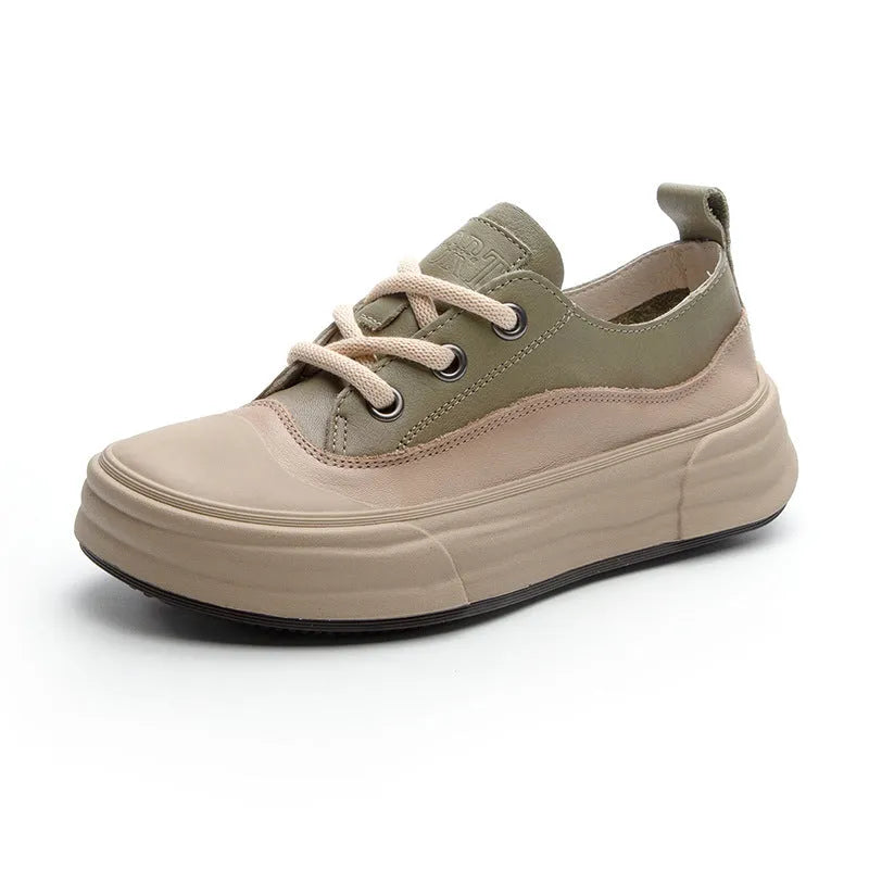 Women's leather platform sneakers in matcha, purple, or orange with round toe and lace-up front