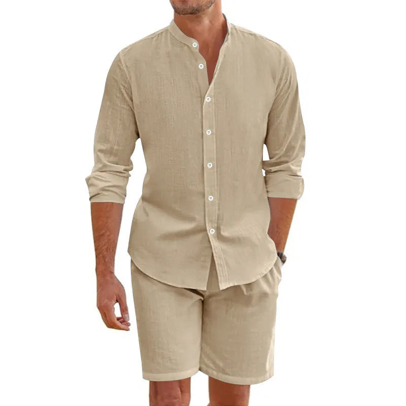 Men's dark grey linen blend summer shirt suit with lapel button-down short sleeve top and drawstring shorts