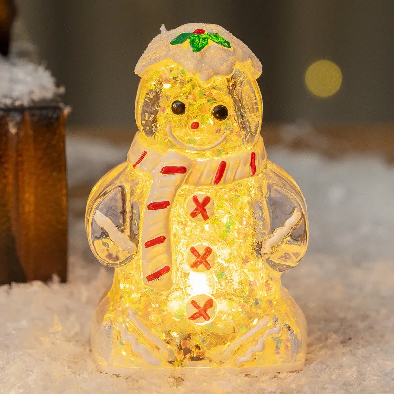 Glowing plastic gingerbread man and snowman Christmas ornament with modern design in red scarf variation