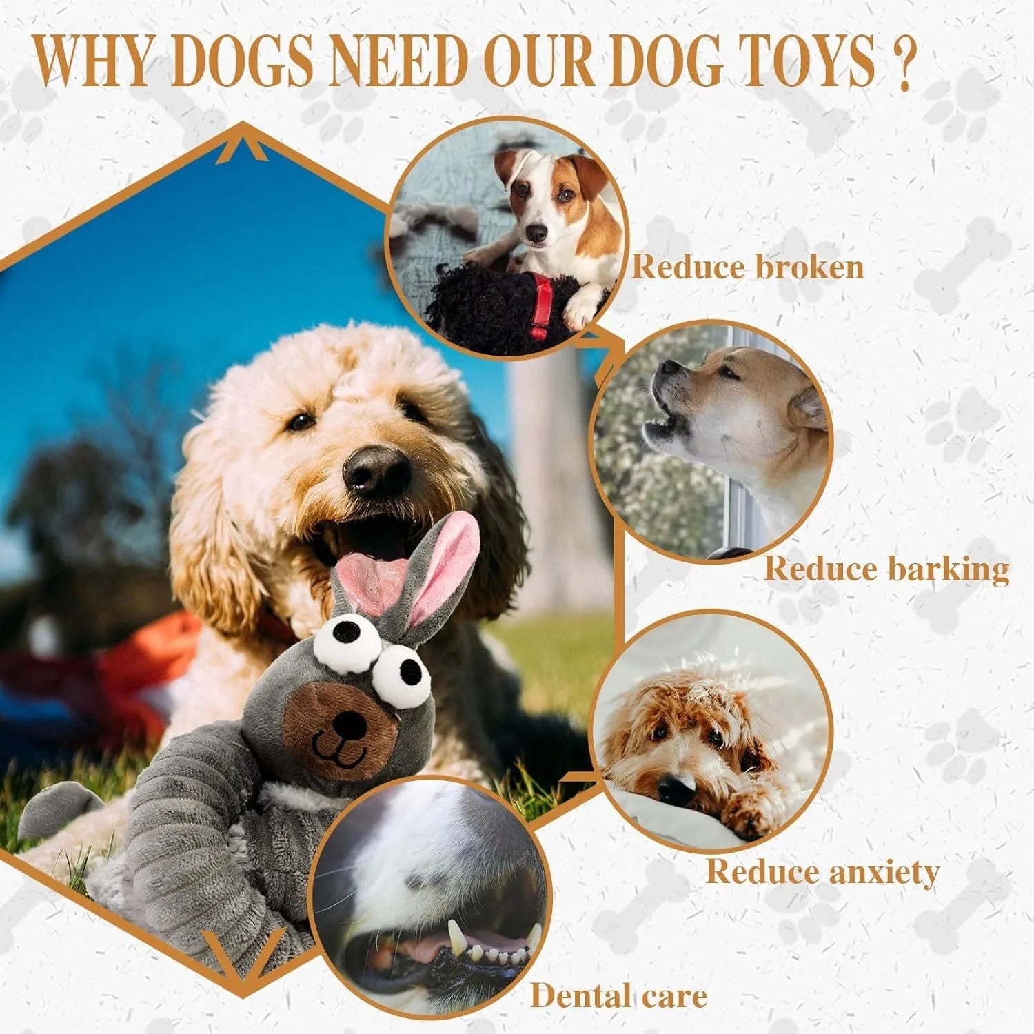 Plush stuffed dog toy with brown, gray or yellow colour options featuring crinkle and squeaker elements