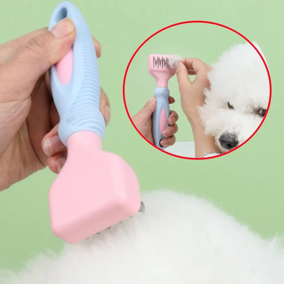 170mm stainless steel pet grooming comb in pink colour with detangling blades