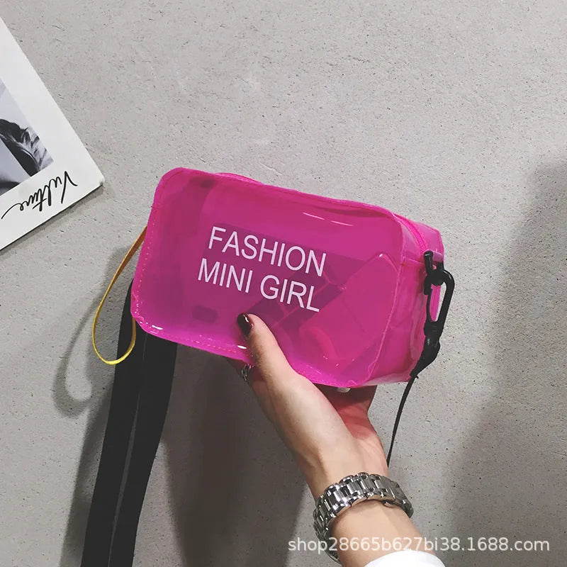 Transparent square jelly shoulder bag with adjustable strap in multiple colour options