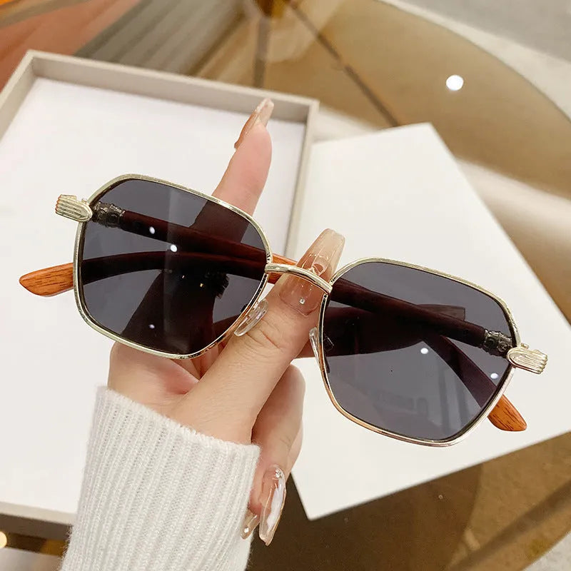 Women's frameless glasses with gold alloy wood grain frame and coloured lenses
