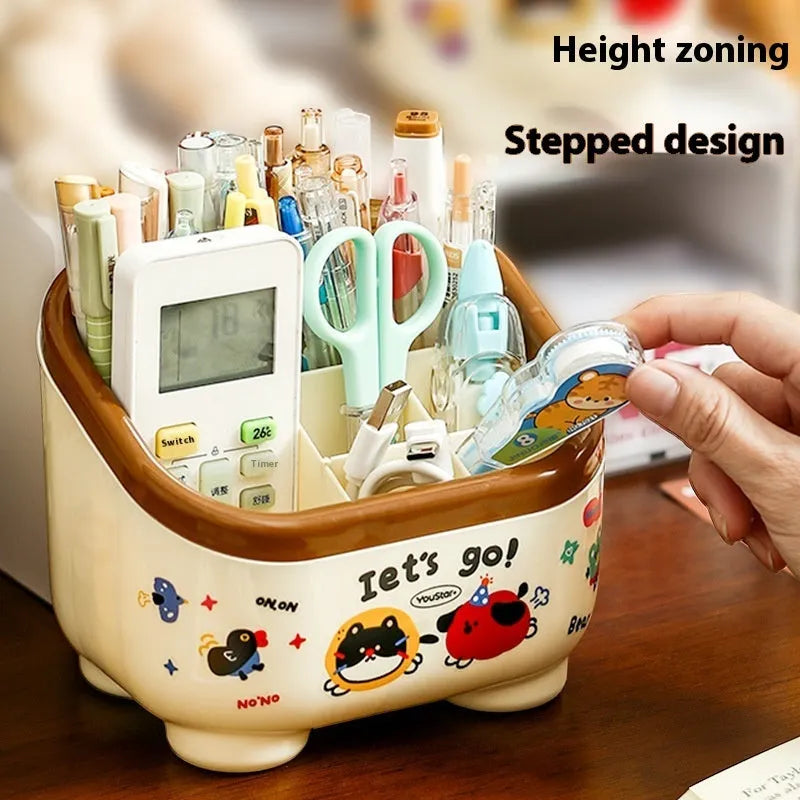 Cartoon style desktop storage set with plastic boxes, pen holder, and trash can in red or brown colours