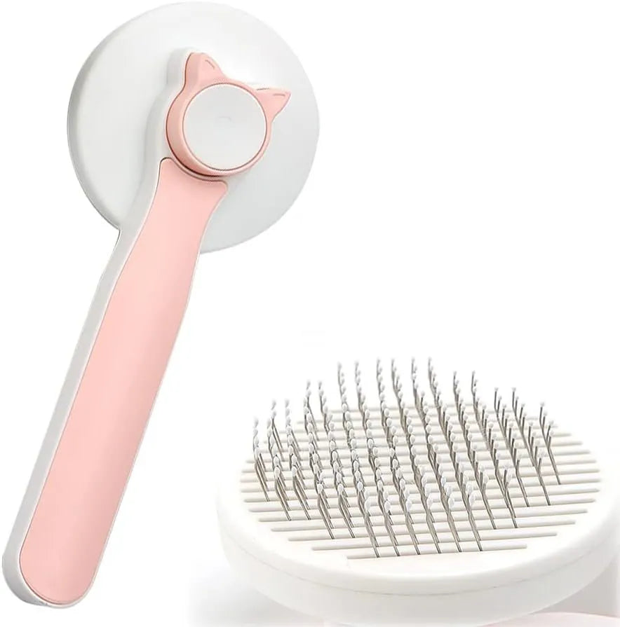 Blue self-cleaning cat brush with a rubber handle and round-tipped metal pins.
