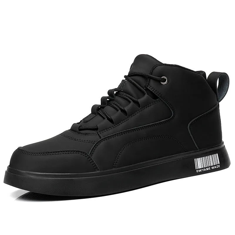 Men's white and black mid-top lace-up casual shoes with a round toe and rubber sole.
