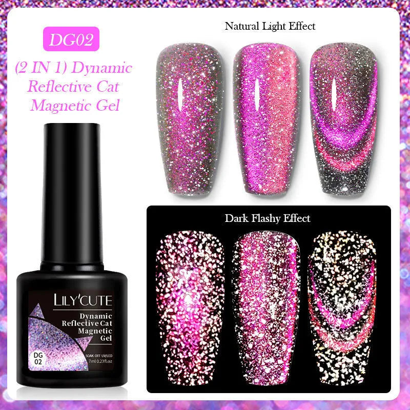 Cat Eye Series UV Gel Nail Polish bottles showing six fluorescent colours with glitter and diamond fragment effects
