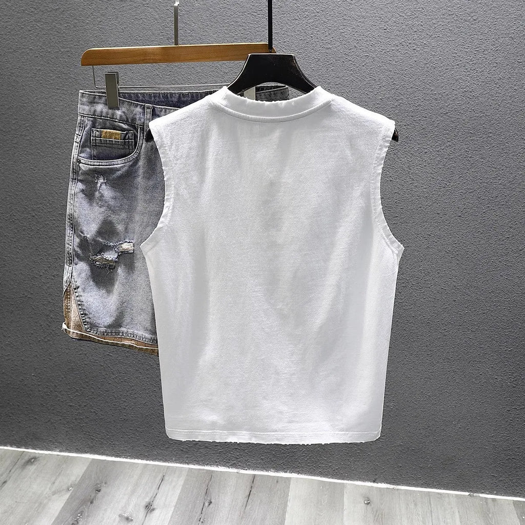 Men's loose fit cotton sleeveless t-shirt in black or white with straight hem design