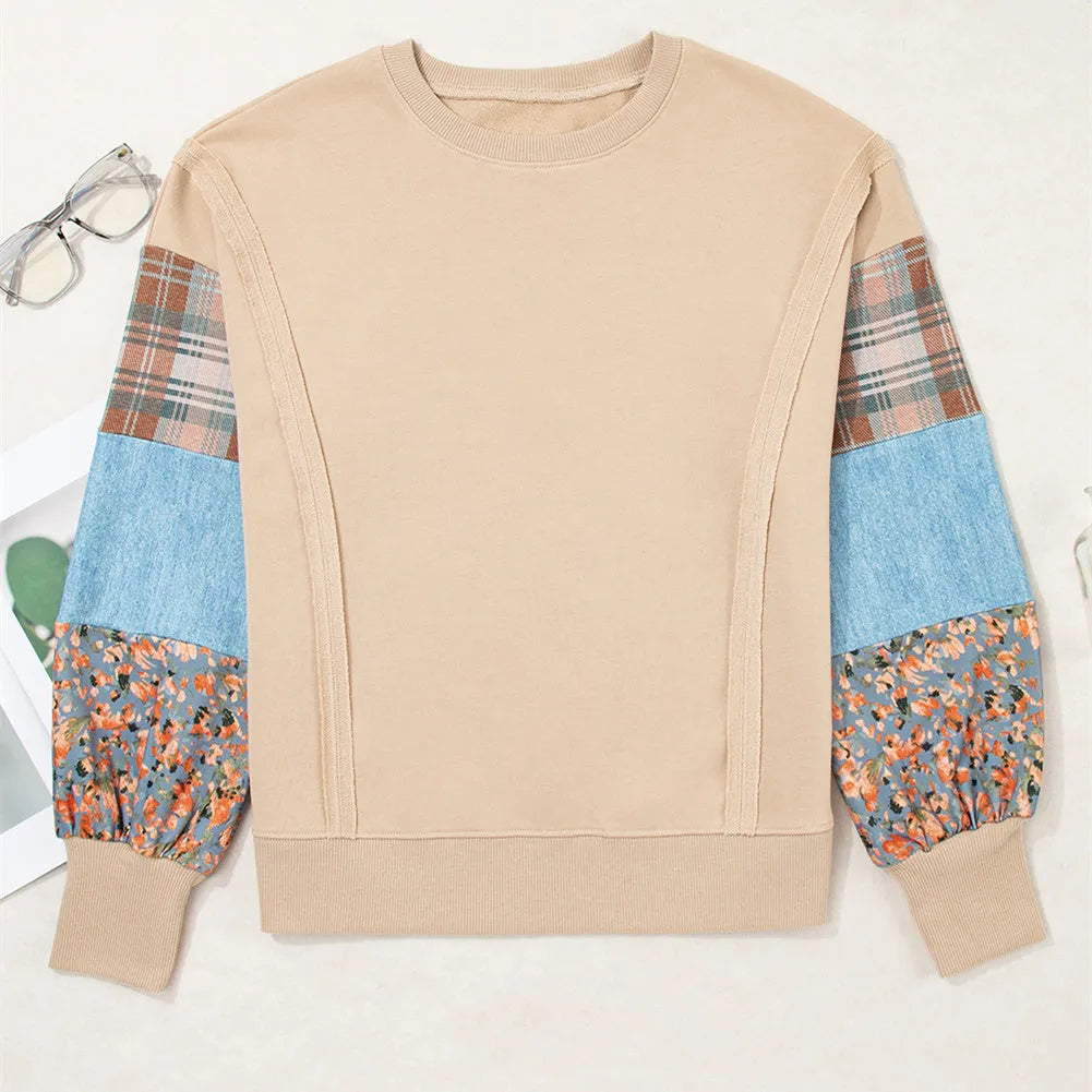 Women's beige and red plaid stitching long-sleeved loose fit casual pullover top.