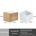 Six white plastic cube dessert display stands in graduated sizes from 3 to 8 centimetres.