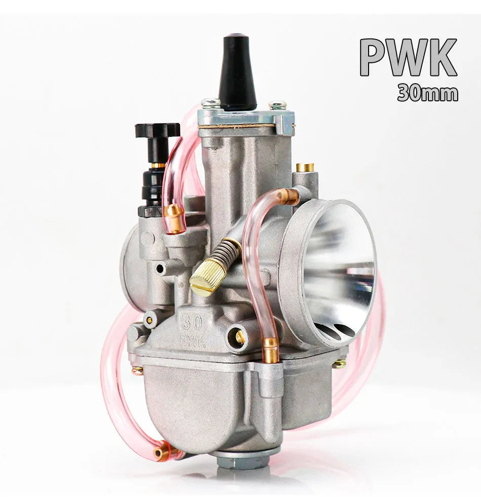 Sandblasted PWK motorcycle carburetor kit with size options from 21mm to 34mm bore.