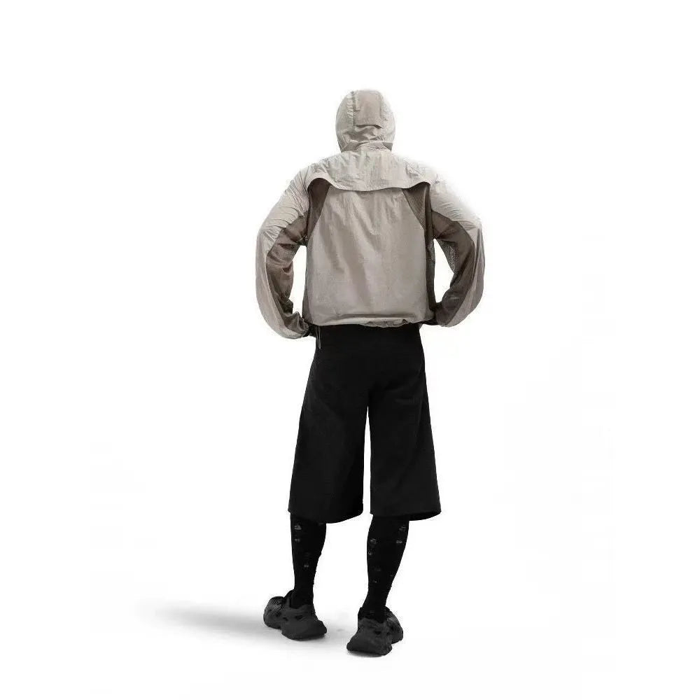 Mesh stitching sun protective nylon clothing in desert brown, red, blue, and light grey colours