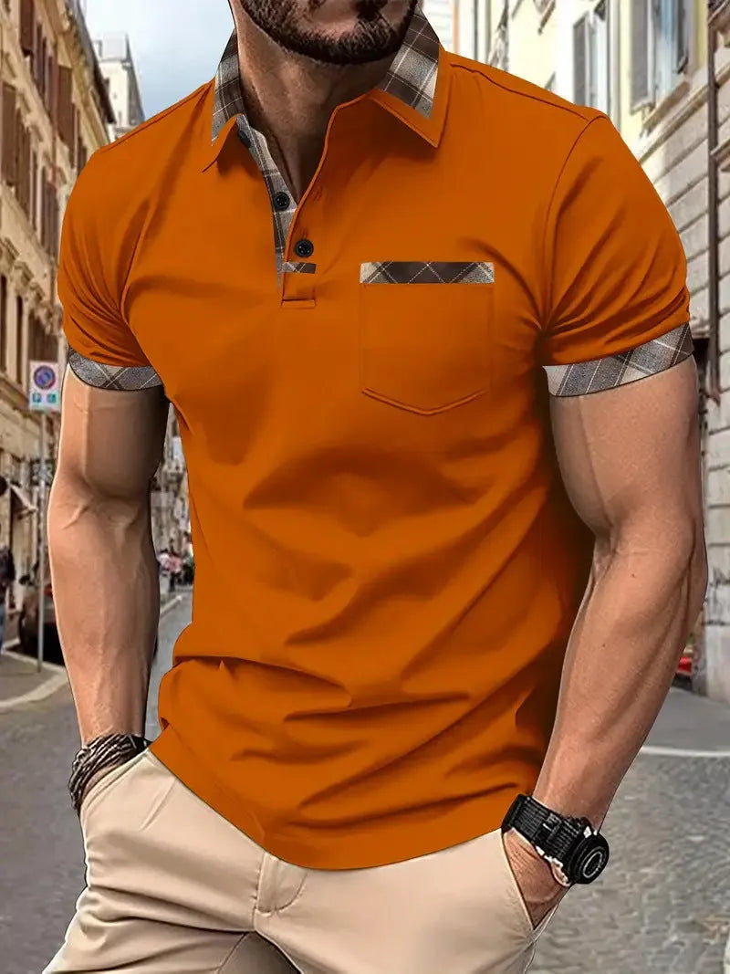 Men's plaid colourblock t-shirt with zipper decoration on front, short sleeves, loose fit