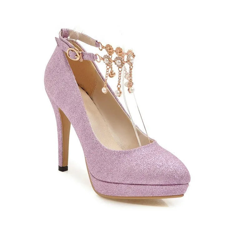 Women's blue platform stiletto high heels with a shallow cut, shown from the side.