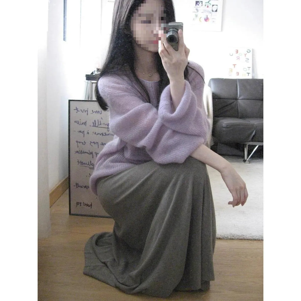 Purple women's blouse with hollow out design and princess sleeves, made from lightweight Ice Silk.