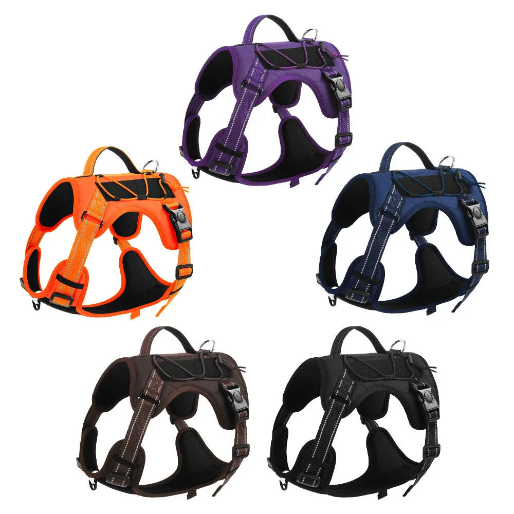 Reflective dog harness and hand-holding lead set in orange and black, showing the chest strap and full-handle grip.