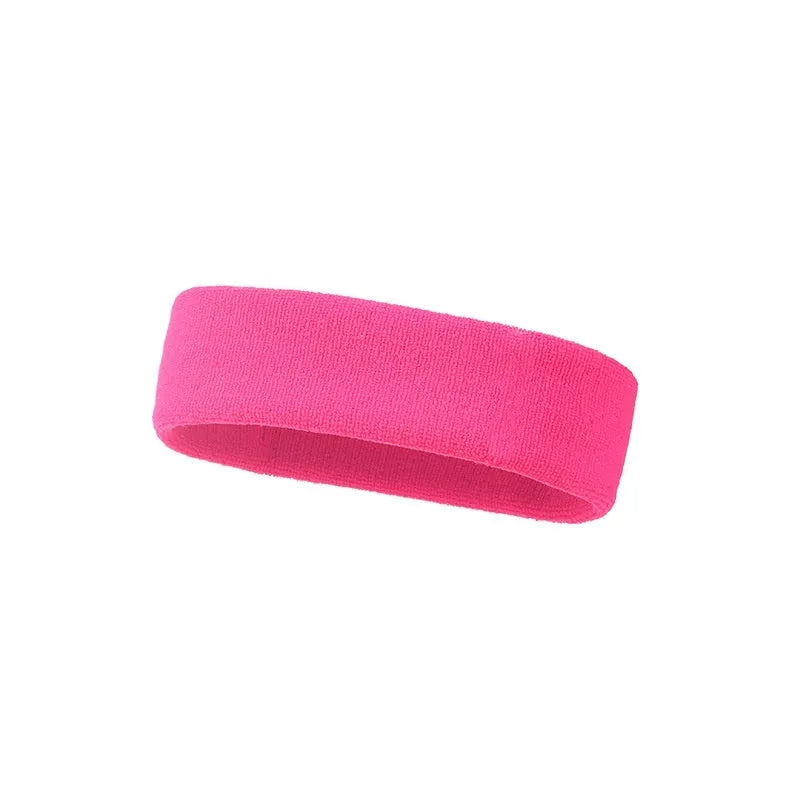 Elastic widening sports sweat band in black, blue, red, rose red, and sky blue solid colours.