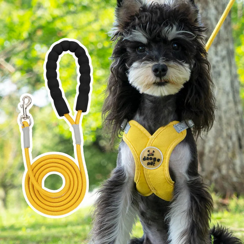 Blue polyester pet vest harness with attached hand holding rope for dog control.