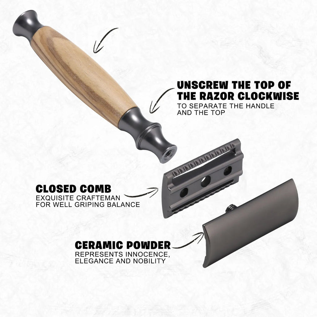 Copper safety razor with olive wood handle next to aluminium alloy blade holder and blades