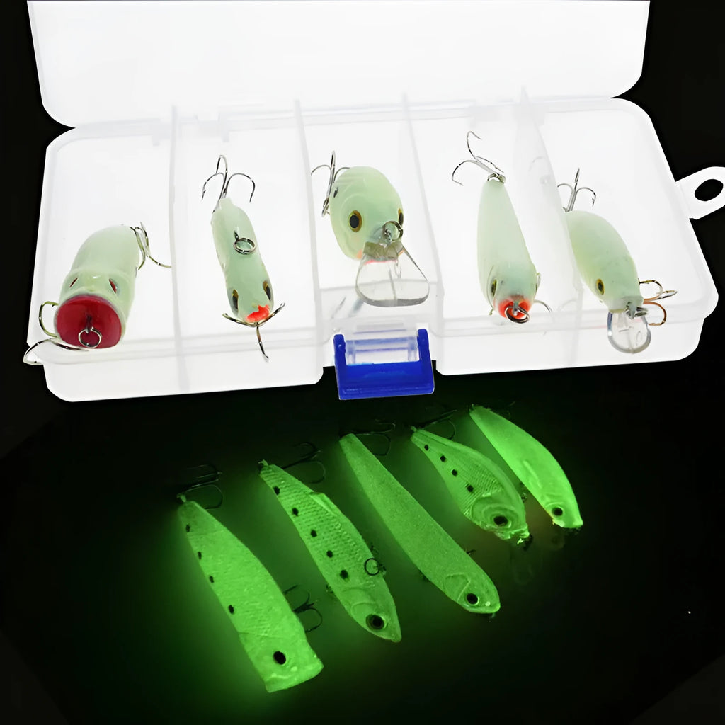 Five 3D fluorescent hard bait fishing lures with luminous properties for saltwater and freshwater fishing