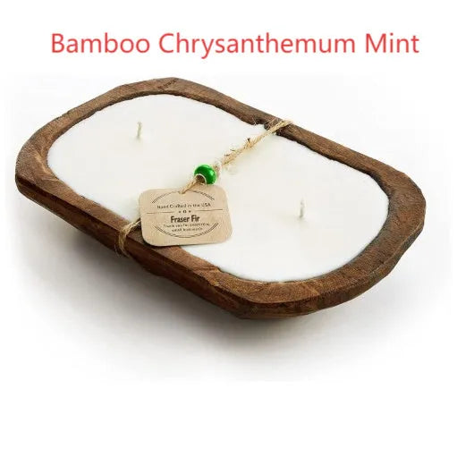 Lavender soy wax candle in wooden basin container with three wicks