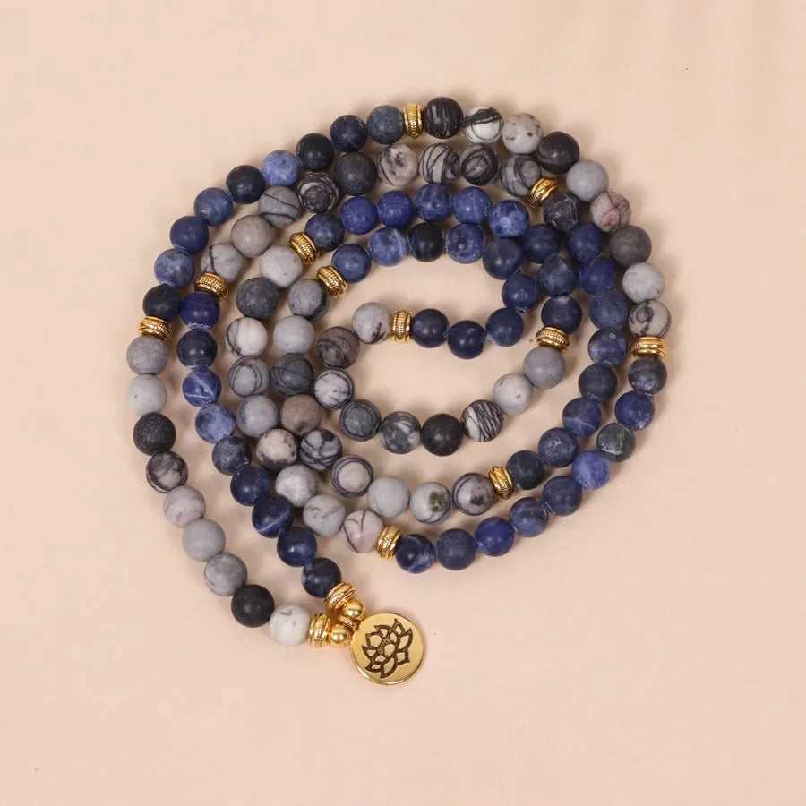 Blue patterned network stone bead multi-layer bracelet with alloy clasp on wrist