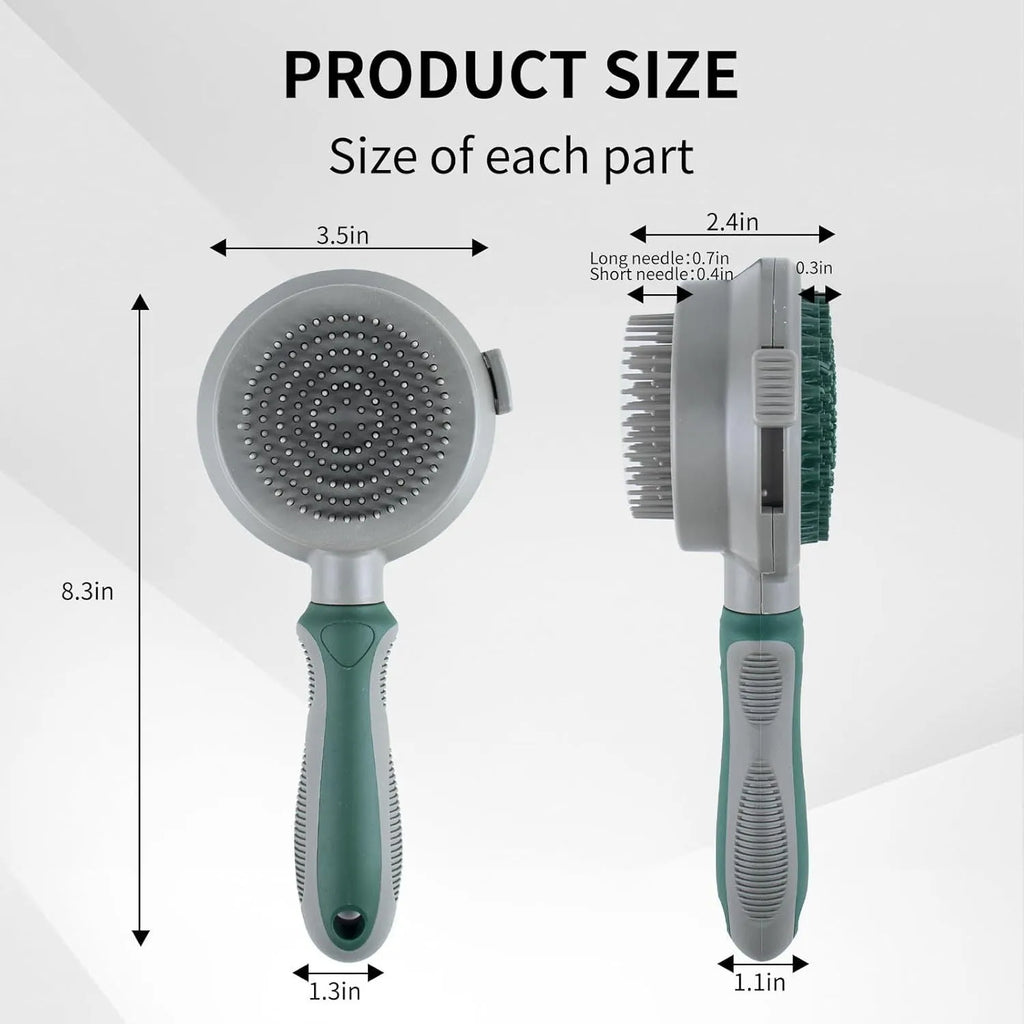 Green and pink 2-in-1 silicone cat brush showing slicker brush side and octopus-teethed massager side