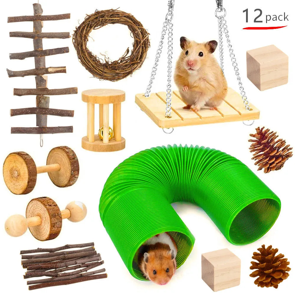 Assortment of wooden and natural fibre chewing toys for pet rabbits, guinea pigs, and parrots on a straw mat