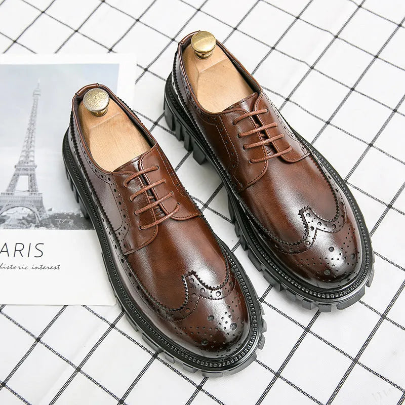 Men's black and brown brogue shoes with artificial PU uppers and round toe design