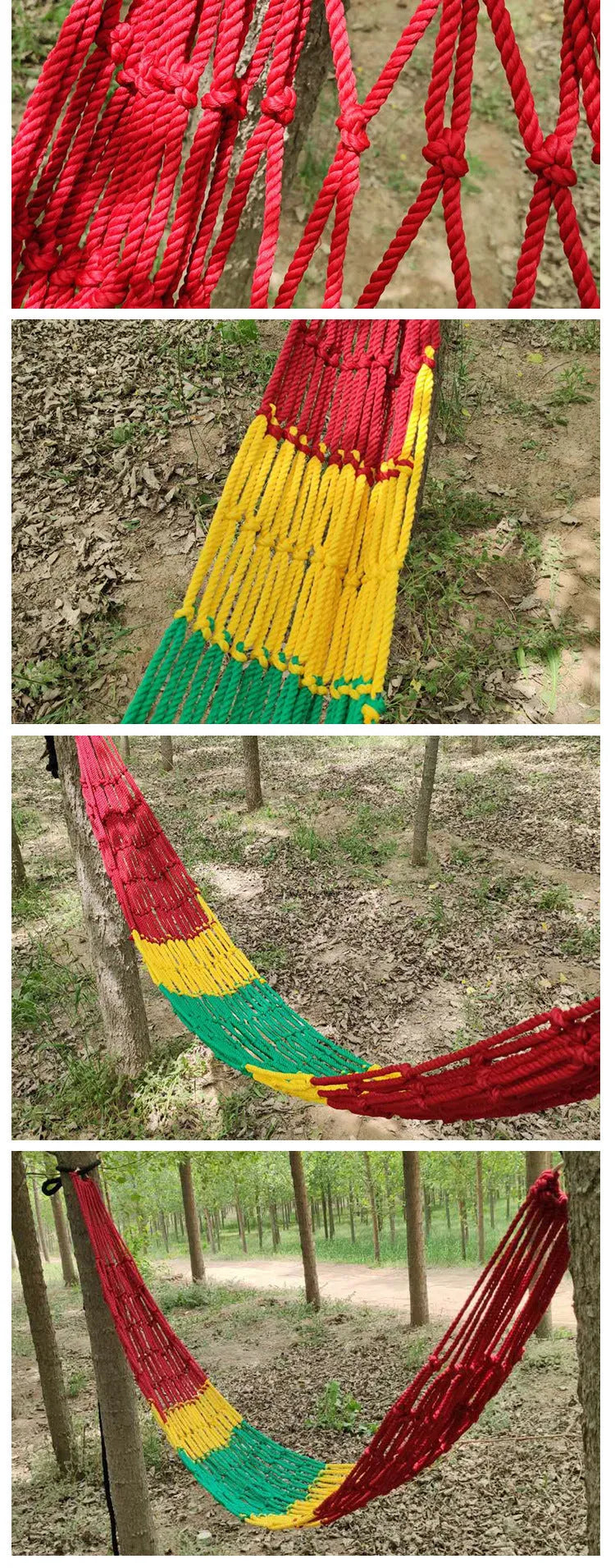 Outdoor nylon rope mesh hammock hanging between two trees, showing its woven construction and spacious 1.1m by 2.1m size.