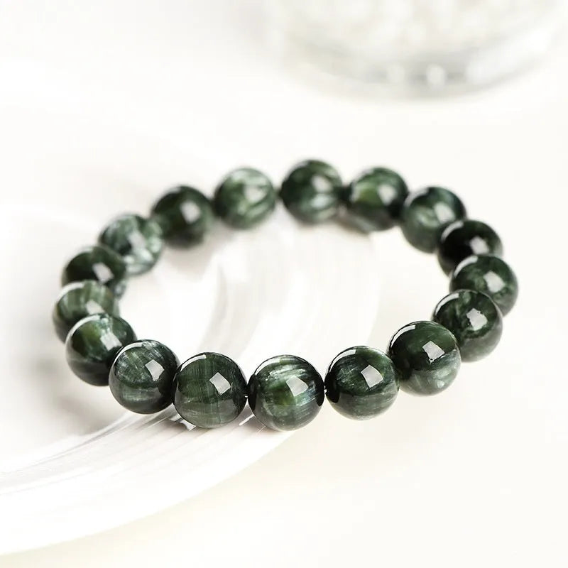 Natural green dragon crystal bracelet with 8-9mm round beads and ruyi geometric design