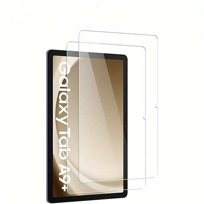 Samsung Galaxy tablet with a clear tempered glass screen protector applied, showing anti-fingerprint coating.