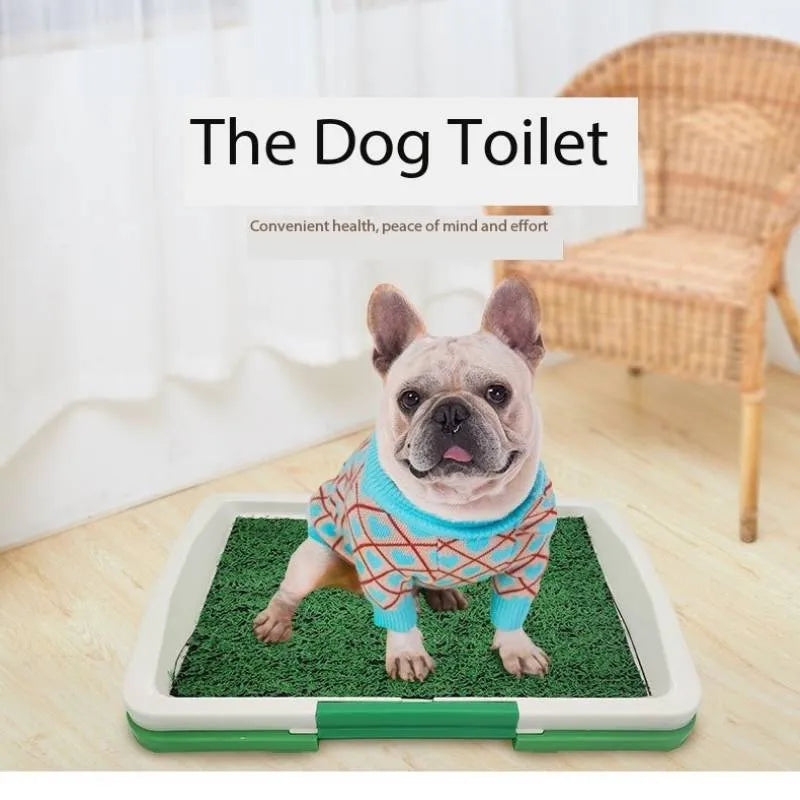 Green three-layer indoor dog toilet tray for puppy potty training with artificial grass