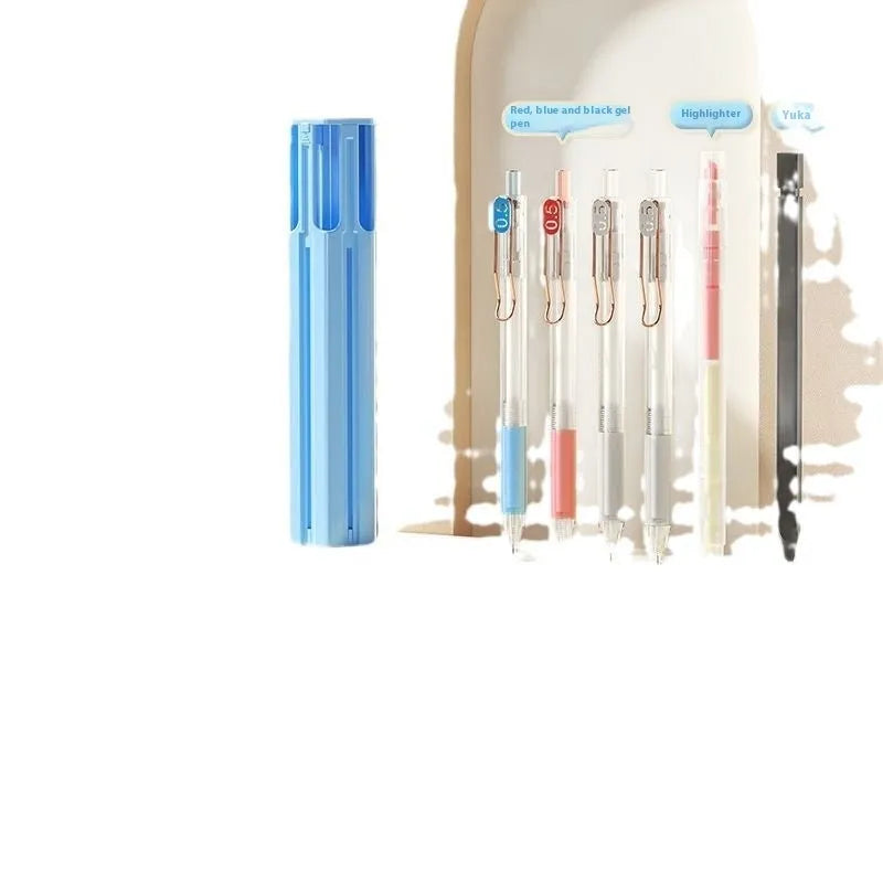 Plastic six pens pencil case set in vigorous white, sky blue, and girl pink colours