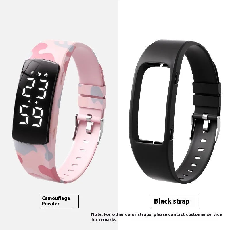 Vibration alarm smart watch with LED display on a silicone strap, shown in a choice of colours.