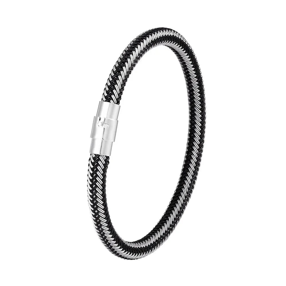 Men's titanium steel geometric wire bracelet with a magnetic clasp, shown in one of four available colour options.