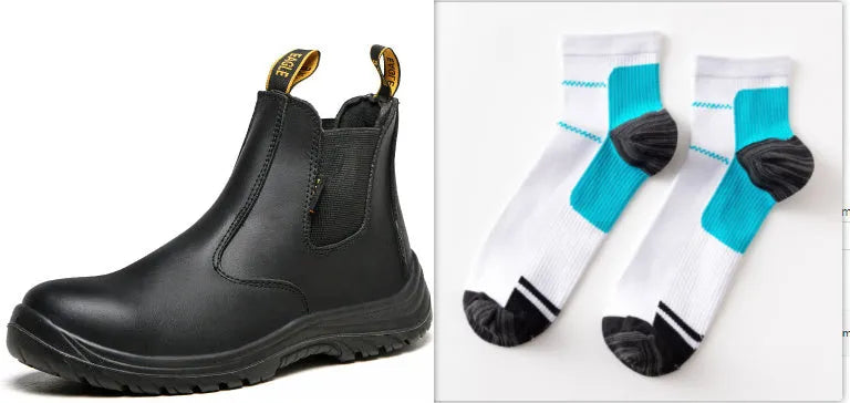Black leather high-top safety shoes with anti-piercing protection for workplace use
