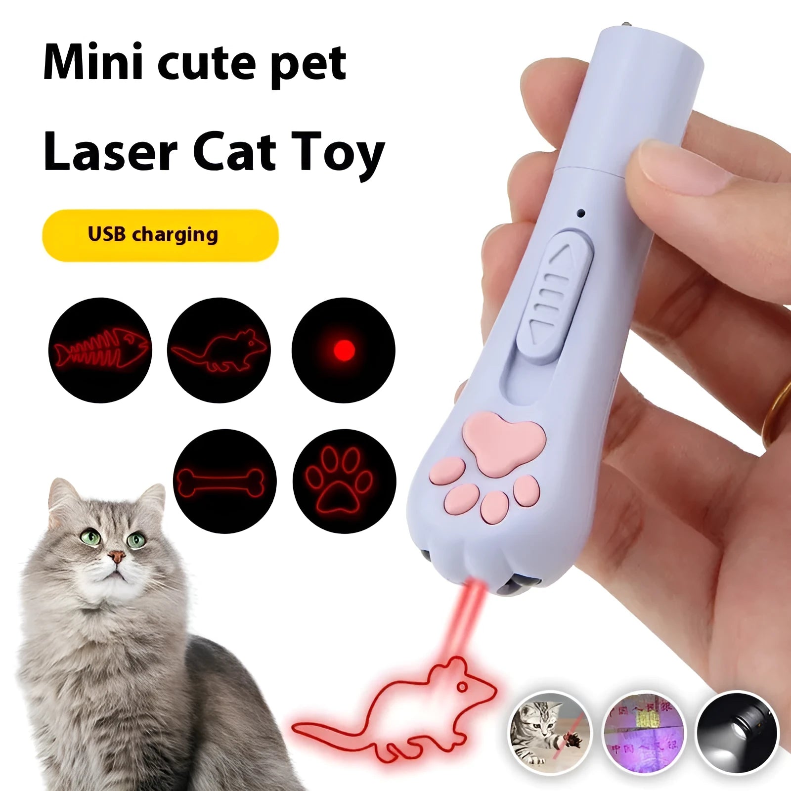 Infrared cat teasing stick with laser patterns, moon-light lamp and pet footprints design in plastic