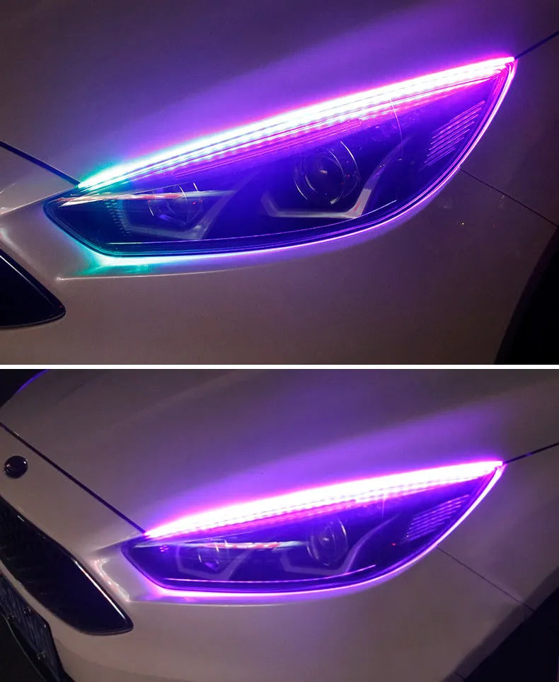 Universal LED daytime running light with remote control for General Motors cars, shown in RGB colours.