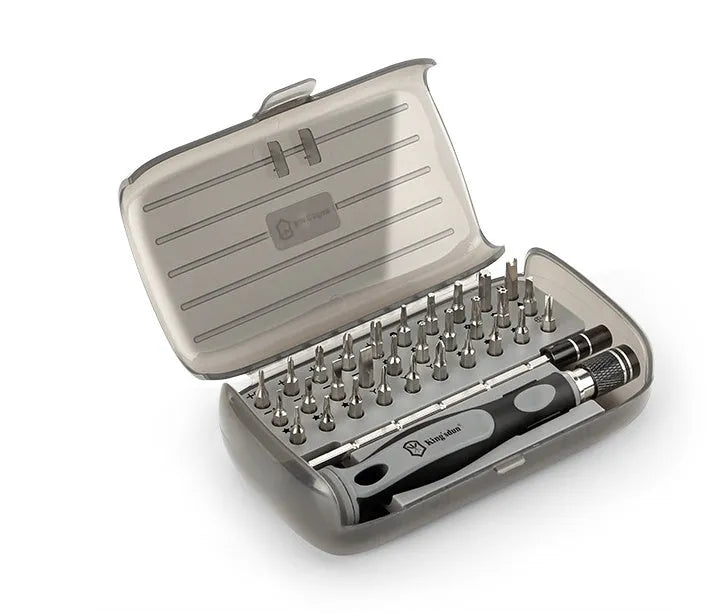 32-in-1 screwdriver set with 30 bits in grey PP plastic case showing handle and bit selection