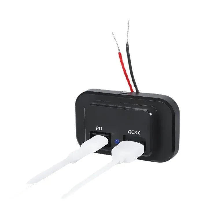 Black QC3.0 and PD3.0 modified car charger with TYPE-C port for 36W fast charging in vehicles.