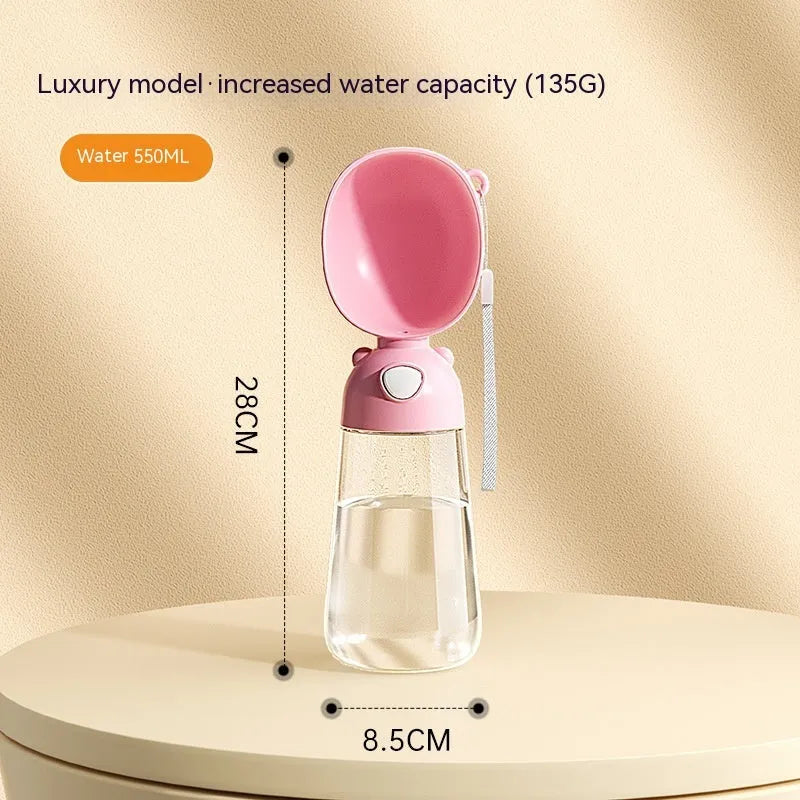 Portable dog water bottle with integrated food container in brown, pink, or yellow colours