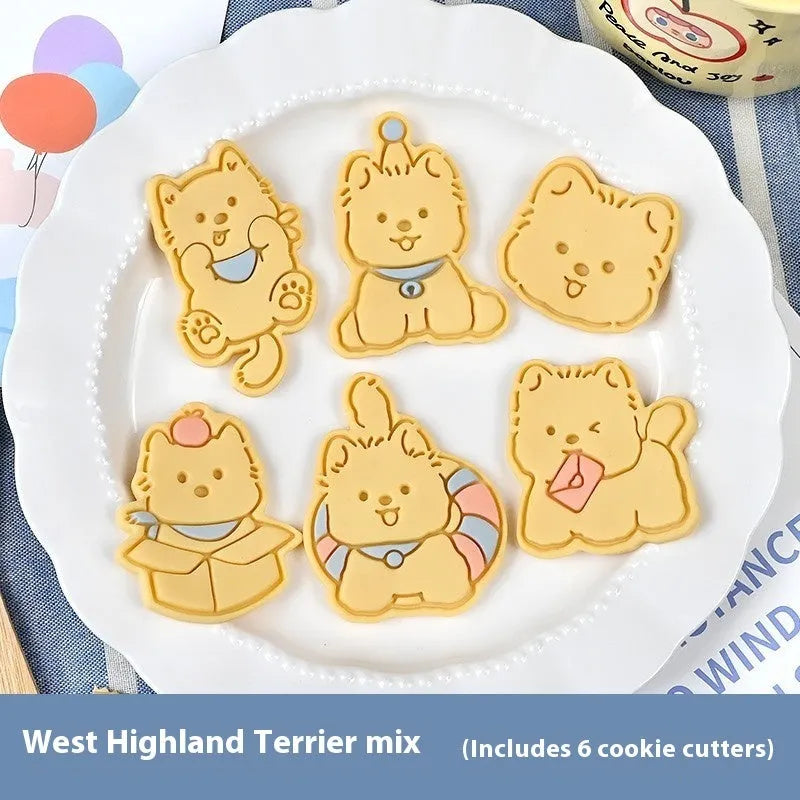 3D plastic biscuit mould with cartoon dog shapes including puppy head and birthday hat